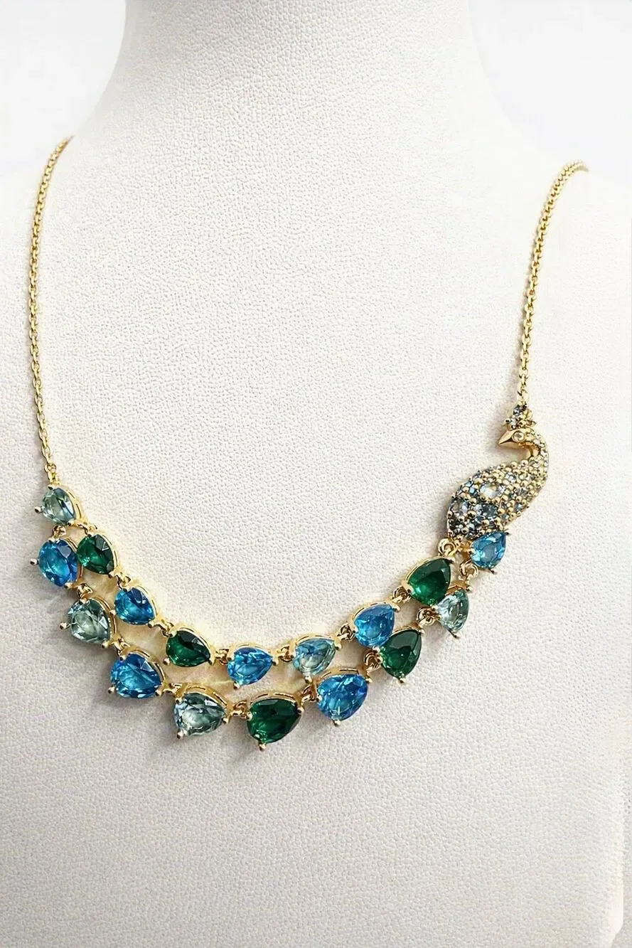 Stunning Kate Spade Peacock Pendant Gold Necklace Multicolor Teardrop Gems
